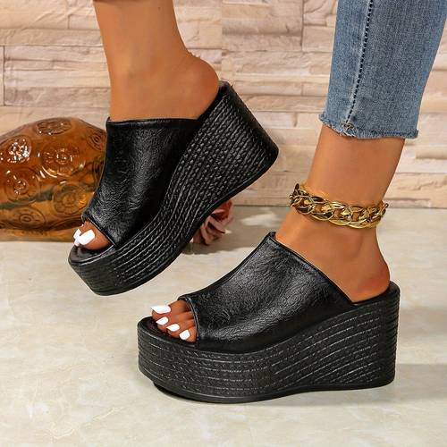 womens slip on thick platform wedge sandals open toe comfortable casual shoes with pu synthetic cover black for vacation casual attire