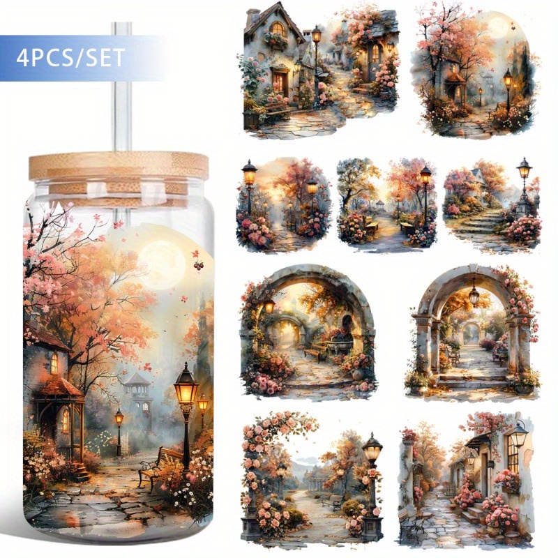 Image of 4pcs/ Set Scenic Park Uv Dtf Vinyl Paper Transfer Paper For 16oz Glass Jars, Easy To Apply, High Quality Diy Handmade Decorative Paper
