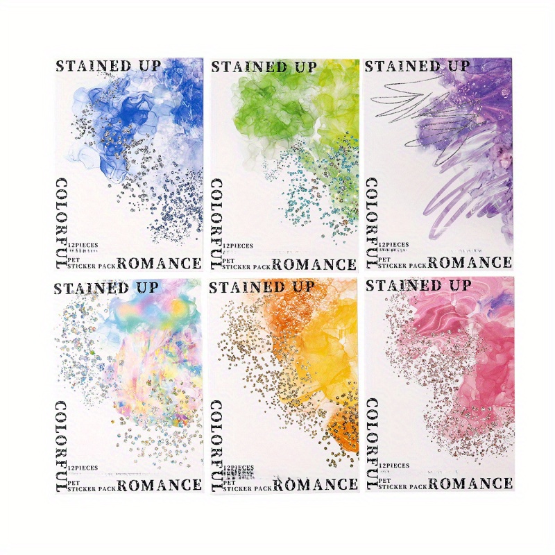 TEMU 6 Styles 72 Sheets Watercolour Stickers Colourful Romantic Theme High Quality Pet Material Diy Decorative Sticker Pack