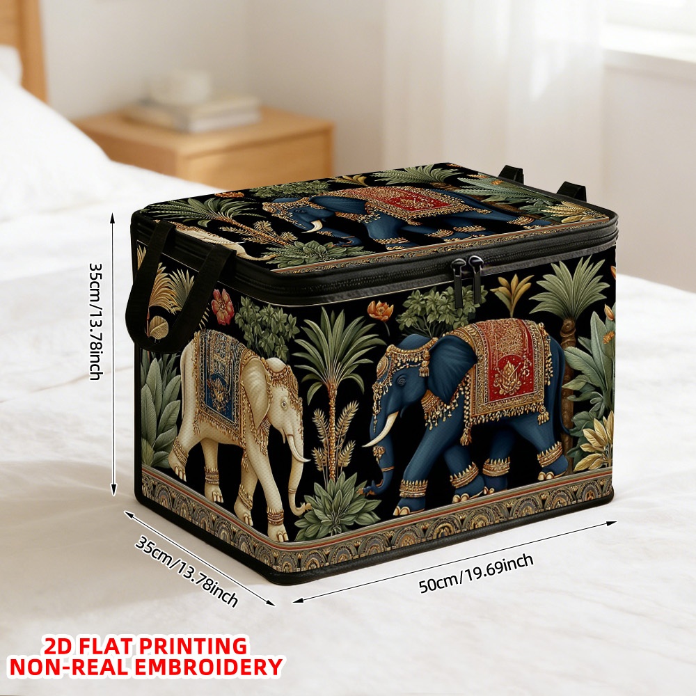 1 Decorative Laundry Basket Featuring Elephants And Foliage, Complete With A Lid. Ideal For Storing Clothes And Organizing Home Decor, Made From Durable Polyester Fabric With A Closure, Shelf Baskets