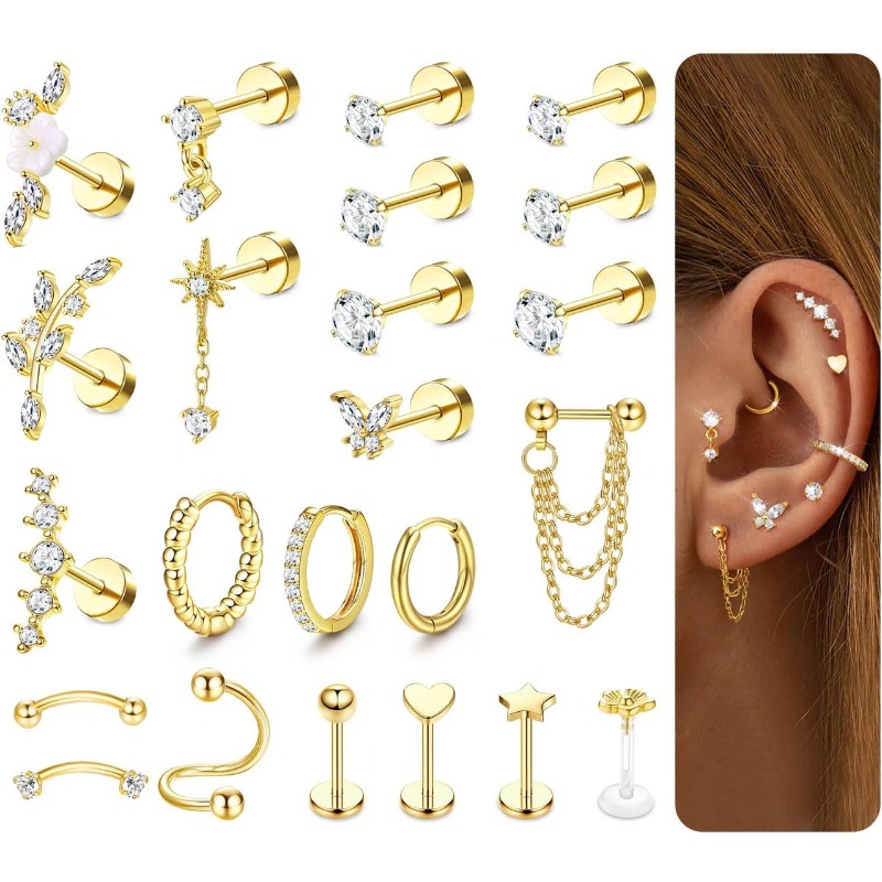 TEMU 2d Flat - Set Of 23pcs Of Helix Piercing Jewelry Made From Surgical Steel, Including Hypoallergenic Flat Back Earrings, Stud Earrings, And Hoops