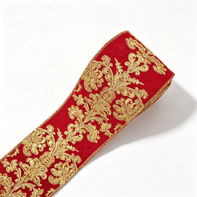 TEMU 4 Inch Luxurious Red Velvet Golden Embroidery Wired Ribbon, , For Christmas, New Year, Wedding, Decor Christmas, Halloween