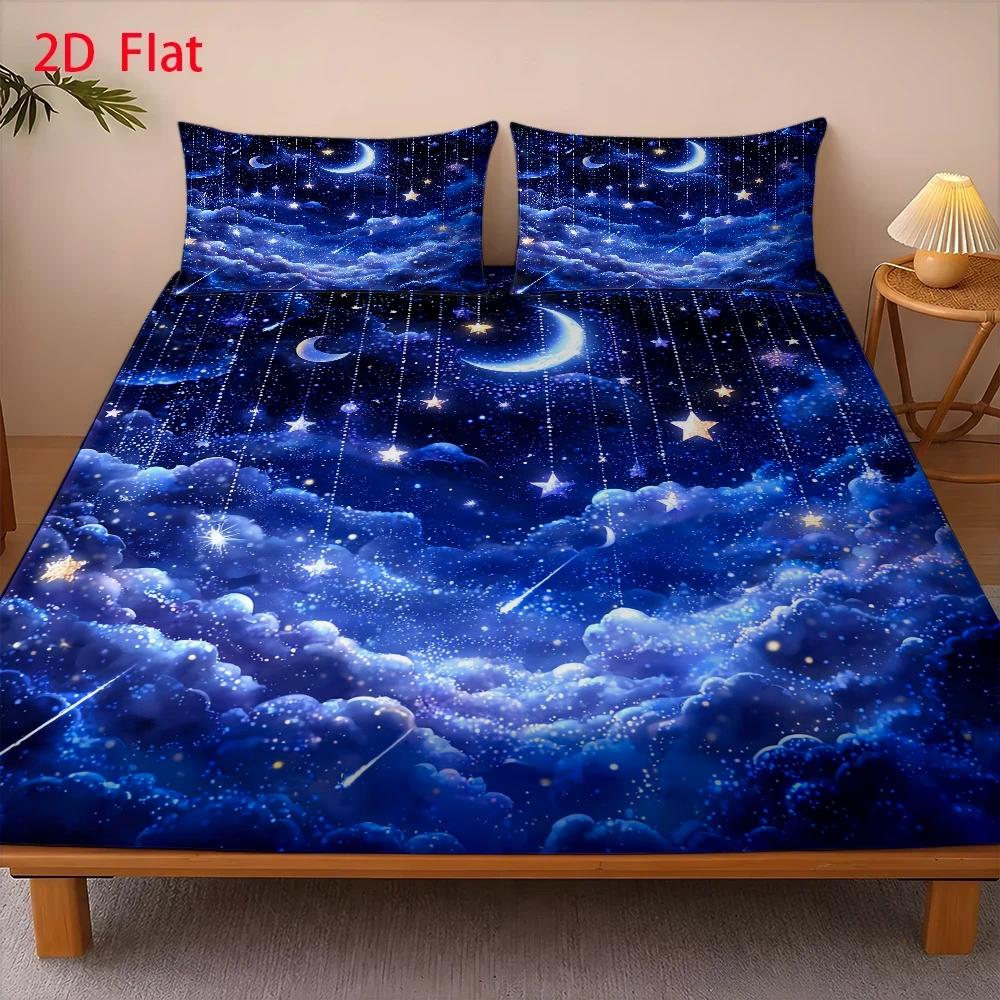 TEMU 3pcs Mattress Protector Set, 1pc Fitted Sheet And 2pcs Pillowcases (filling Not Included), , Romantic Watercolor Style, Meteor Shower Festival,