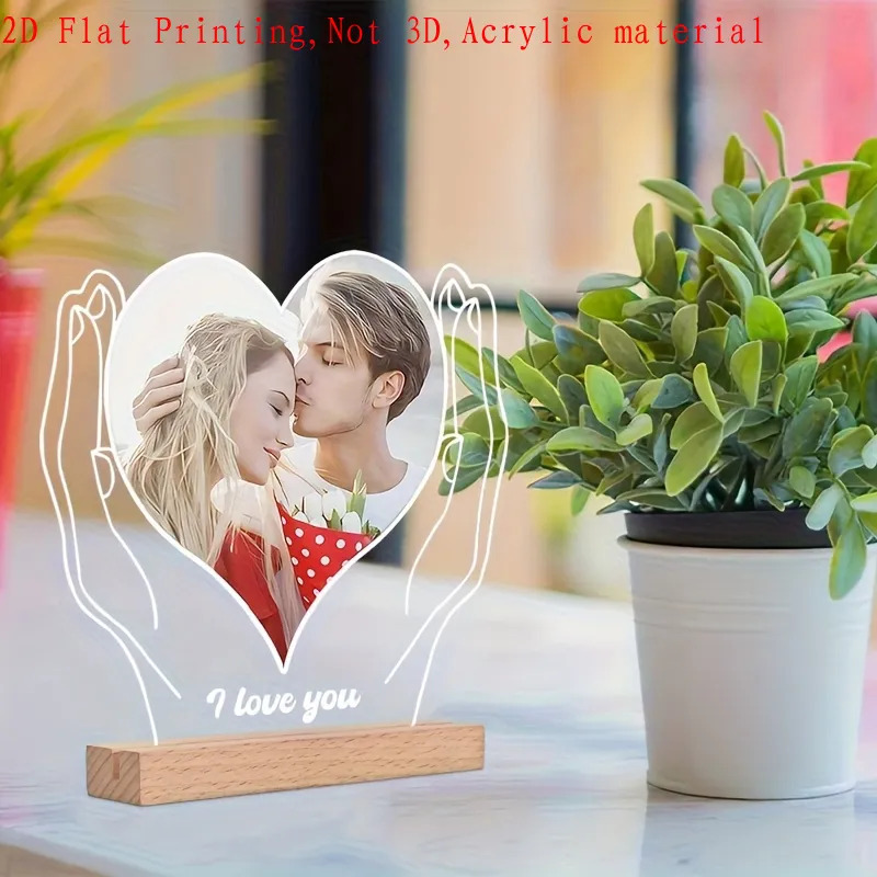 TEMU Regalo personalizzato per a forma di cuore con foto 2D piatta - Ornamento da tavolo retr簷 personalizzato in acrilico con base in legno per