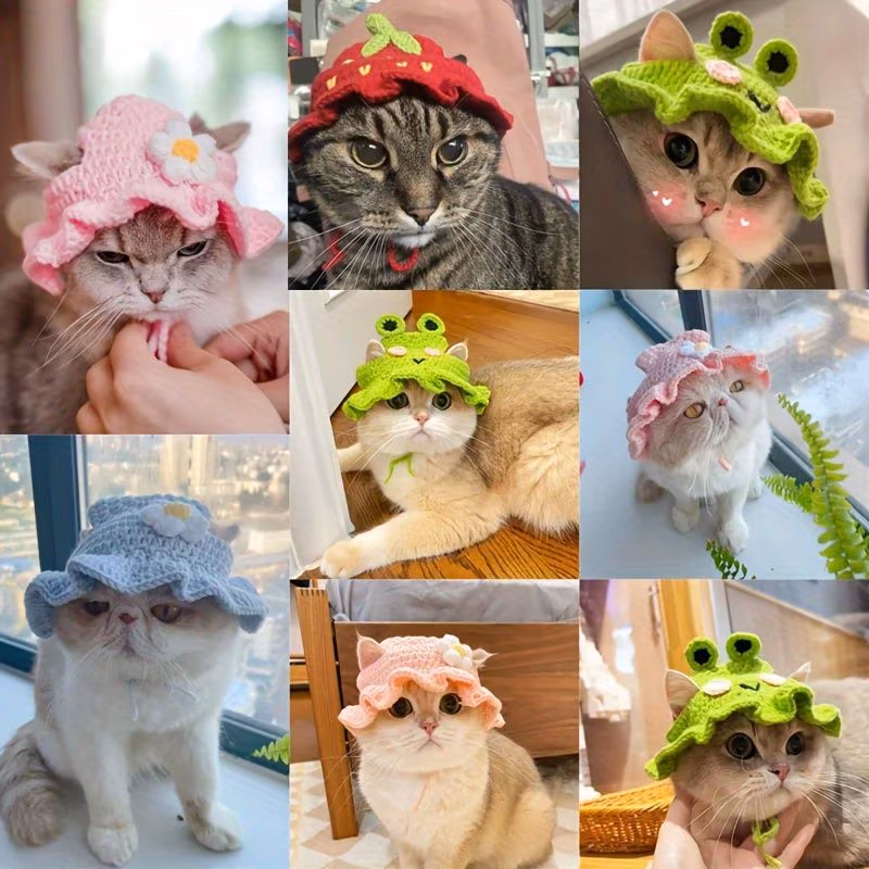 hat adjustable frog strawberry style cat hat suitable for cat and dog birthday hats holidays travel and photography soft and floral decoration breathable and comfortable headwear Product details 0