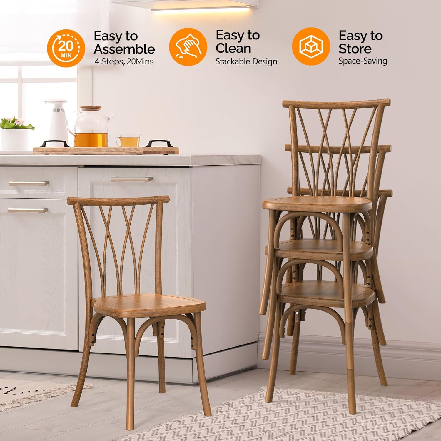 Plastic Outdoor Dining Chairs Set of 4/8, Stackable Patio Chairs with Wicker Backrest, Waterproof Indoor Outdoor Kitchen Chairs, 400 Lbs Weight Capacity, Farmhouse Brown/Black/White Wedding Party Banquets Waiting Chairs
