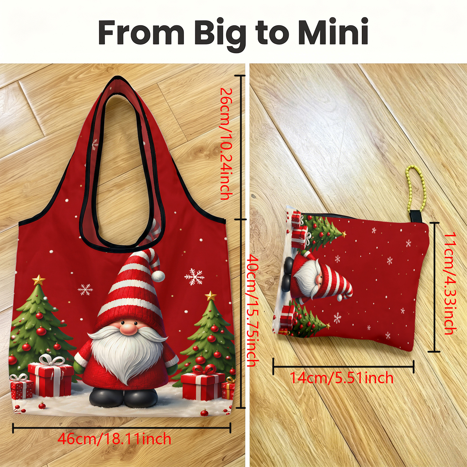 TEMU Christmas-themed Foldable Tote Bag, Christmas Gnome And Christmas Tree Print, Reusable, Lightweight And Durable, Suitable For Daily Use,