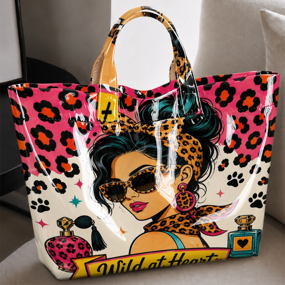 Image of Pink Leopard Print Stylish Women's Sunglasses And Scarf Print Tote Bag, Trendy Shoulder Tote Bag, Large Capacity And Spacious Handbag, Suitable For Concerts, Music Festivals, Daily , And Casual