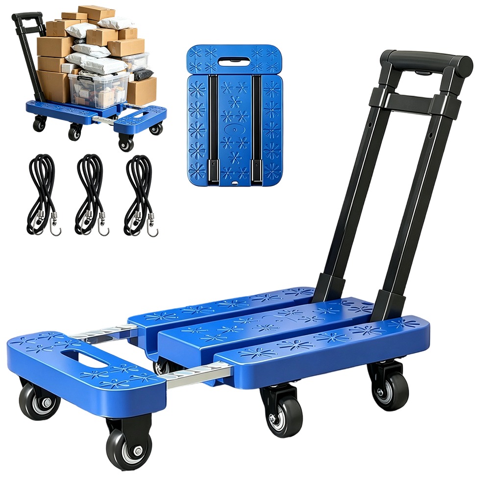 Image of Blue Folding Platform Trolley With Telescopic Handle, 6-wheel Flatbed Hand Truck, Lightweight Moving Cart For Cargo And Boxes, Durable Transport Accessory For Office, Warehouse And Daily Handling Work