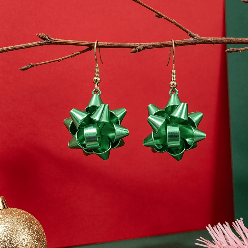 TEMU 1 Pair Christmas Creative Flower Ear Jewelry, Christmas Party Green Exploding Flower Gift Bow Ear Studs, Women's Fashion Drop Earrings, Iron