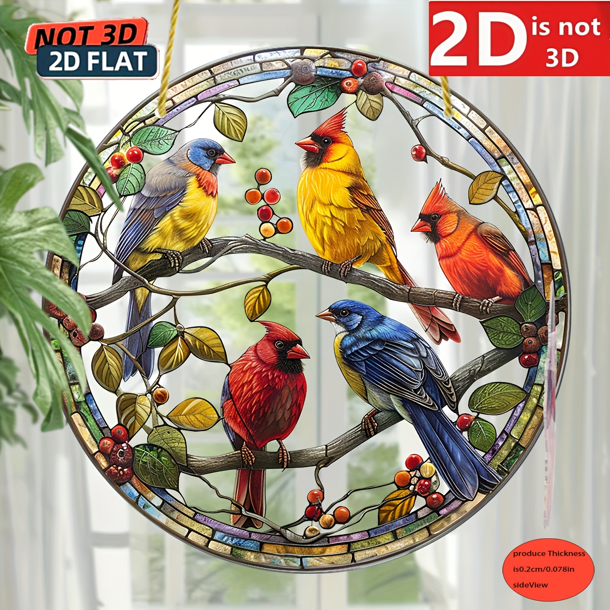 TEMU 2d Flat, 8-inch Bohemian-style Pendant | Vibrant , Blue Jays, And Berry Branches - Perfect For Bird Lovers, Christmas Bird Decoration, Made Of