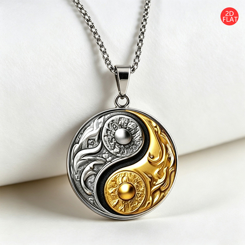 TEMU 1pc 2d Flat, Men's Round Pendant Necklace, Displaying Classic Yin Yang Tai Chi Pattern, Wrap Around, Exquisite Texture And Grain Add Retro Feel,