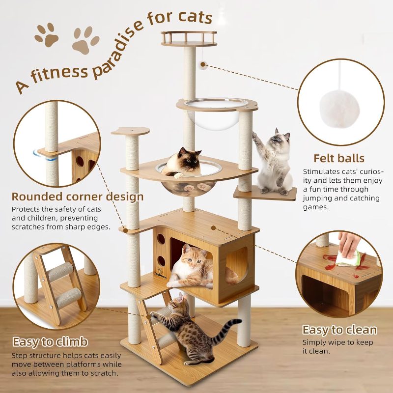 Large Modern Light Oak Cat Tree for Indoor Cats - Multi-Level Cat Condo with Scratching Tower, Hanging Ball & Basket, Thick Durable Panels Suitable for Large Spaces, Multi-Cat, Climbing Furniture for Kittens and Cats