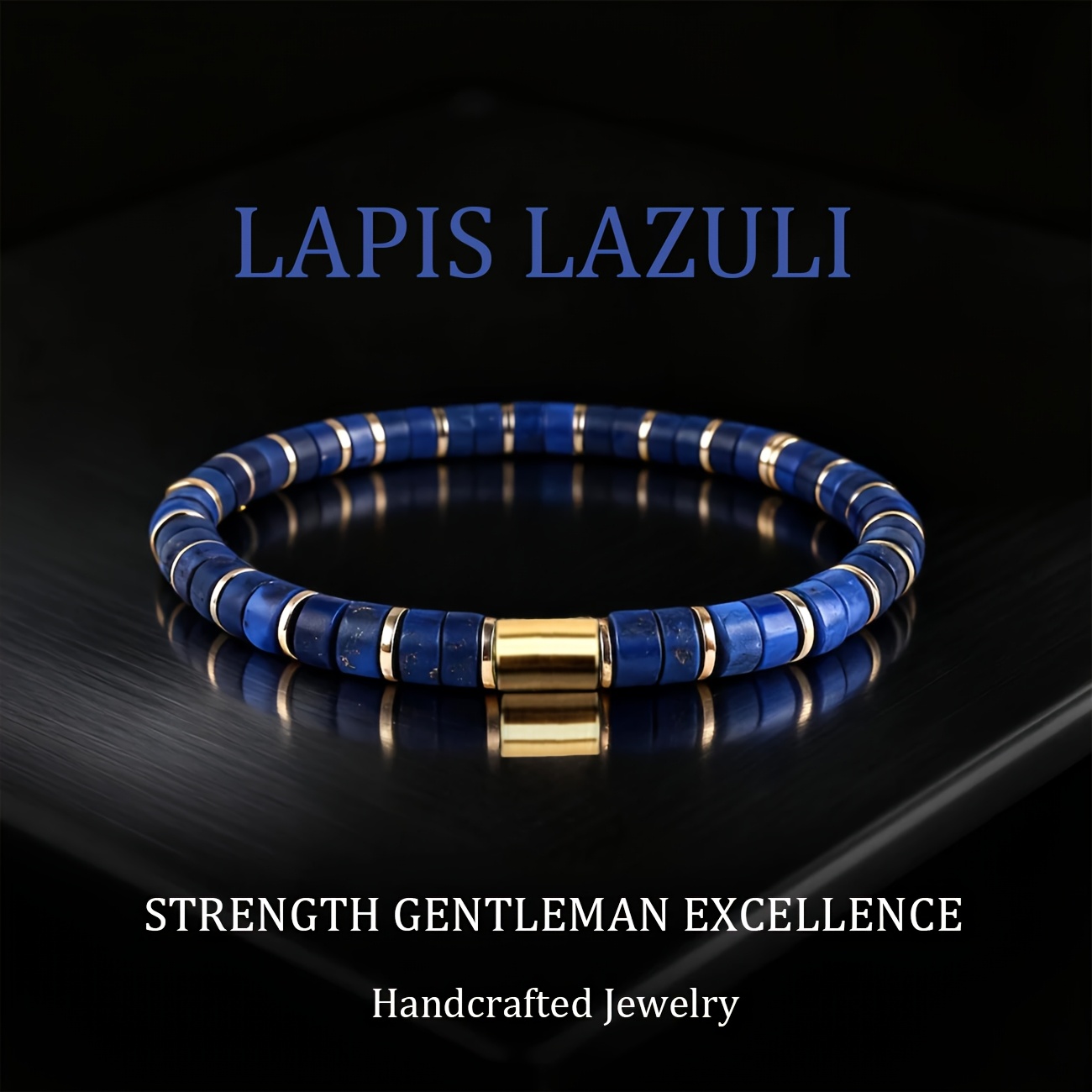 TEMU Bracelet en Lapis- pour Homme avec Perles Dorées, Accessoire de Gentleman, Symbole de Force et de , Convient à Toutes les Occasions, Bracelet de