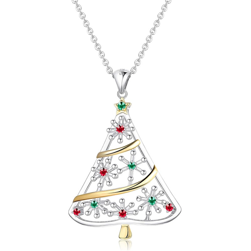 TEMU Exquisite Inlay Red Green Zirconia Snowflake Necklace Hollowed Out Two-color Christmas Tree Necklace For Women Christmas Party Banquet Elegant