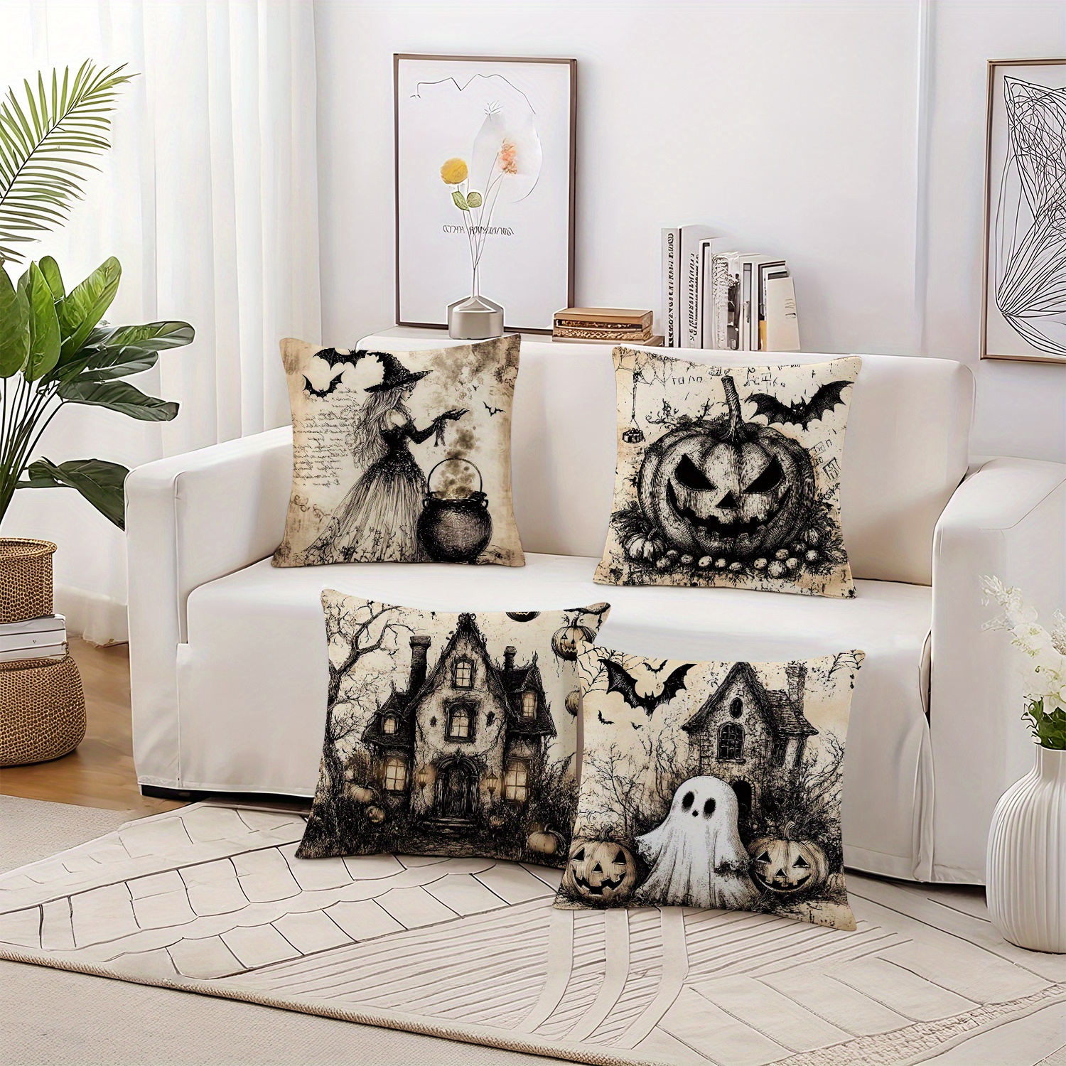 TEMU 4pcs Halloween Pillow Cover - Vintage Pumpkin Castle Soft Plush Polyester Country Style Decoration With Zipper No Filler Sofa Living Room