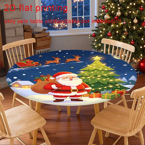 Artikelbild . 2d flachdruck weihnachtsmann muster weihnachten winter niedlicher stil muster runde elastische tischdecke, für runde tische, polyester material für partys, küche, innen-/außendekoration, leicht zu reinigen, feiertagsdeko