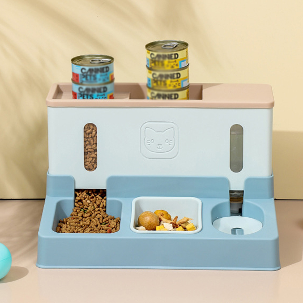 Automatic Cat Feeder Water Dispenser Set, 3 In 1 Tilted Automatic Pet Food And Water Feeder For Indoor Cats, Without Battery