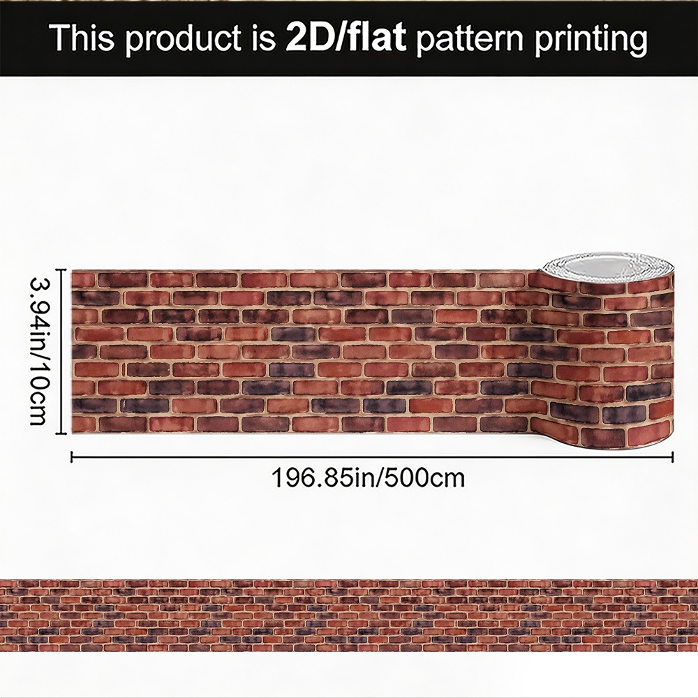 TEMU 1 Roll 2d/flat 10x500cm (3.9x196.9in) Border Sticker/elegant Wall Stickers, Self Adhesive, Brick Pattern Rustic Industrial Masonry Trim For Room