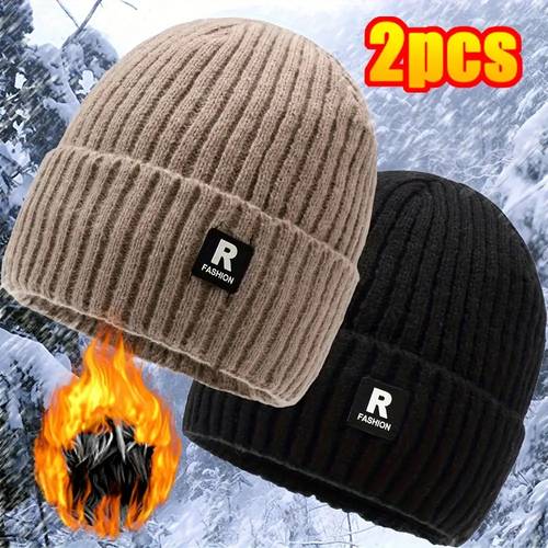 2 pack mens fleece lined thick knit hats outdoor riding warm large head ski hats men and women thickened warm winter knit hats with fleece lining adjustable button closure design