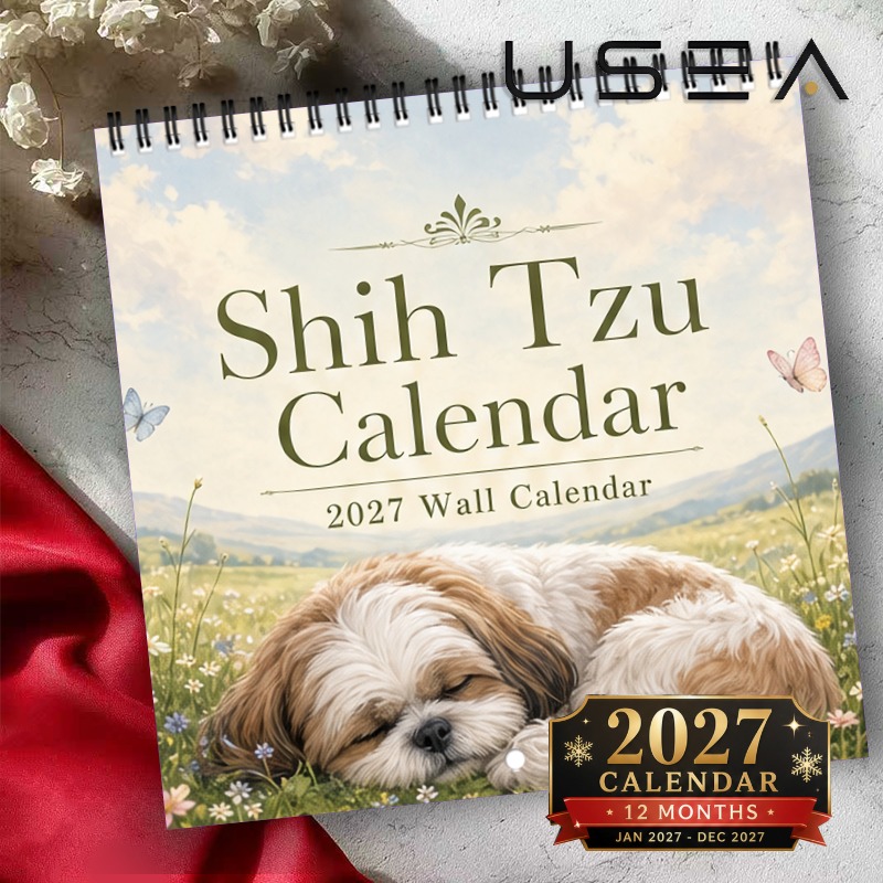 Stenski koledar 2027, stenski koledar 2027 Shih Tzu, 12-mesečni viseči koledar s spiralno vezavo z dvojno žico, veliki b za pisanje, ameriški