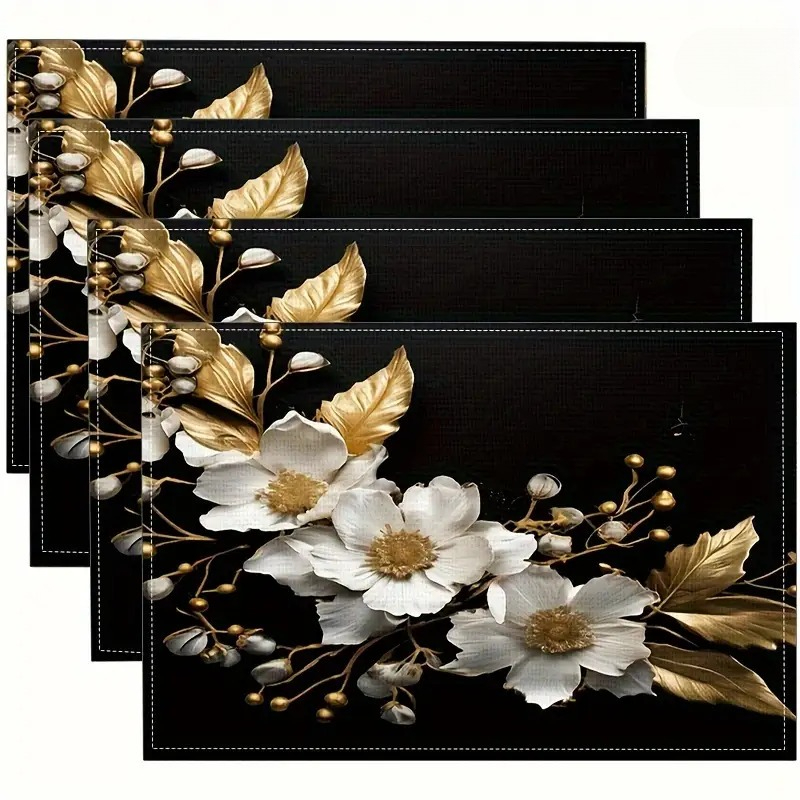 Set Of 6 Elegant Placemats - Black & -like Floral Pattern With White/ & Berry Branches, Heat-resistant Square Table Mats For Dining Table, Washable Tableware (golden/ Grey, Hand Wash Only) - Modern