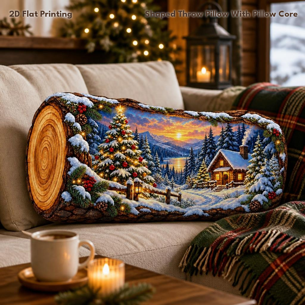 TEMU Coussin décoratif de tronc de sapin de Noël, cabane, village enneigé, , impression plate 2D, coussin rembourré pour cadeau, chambre à coucher,