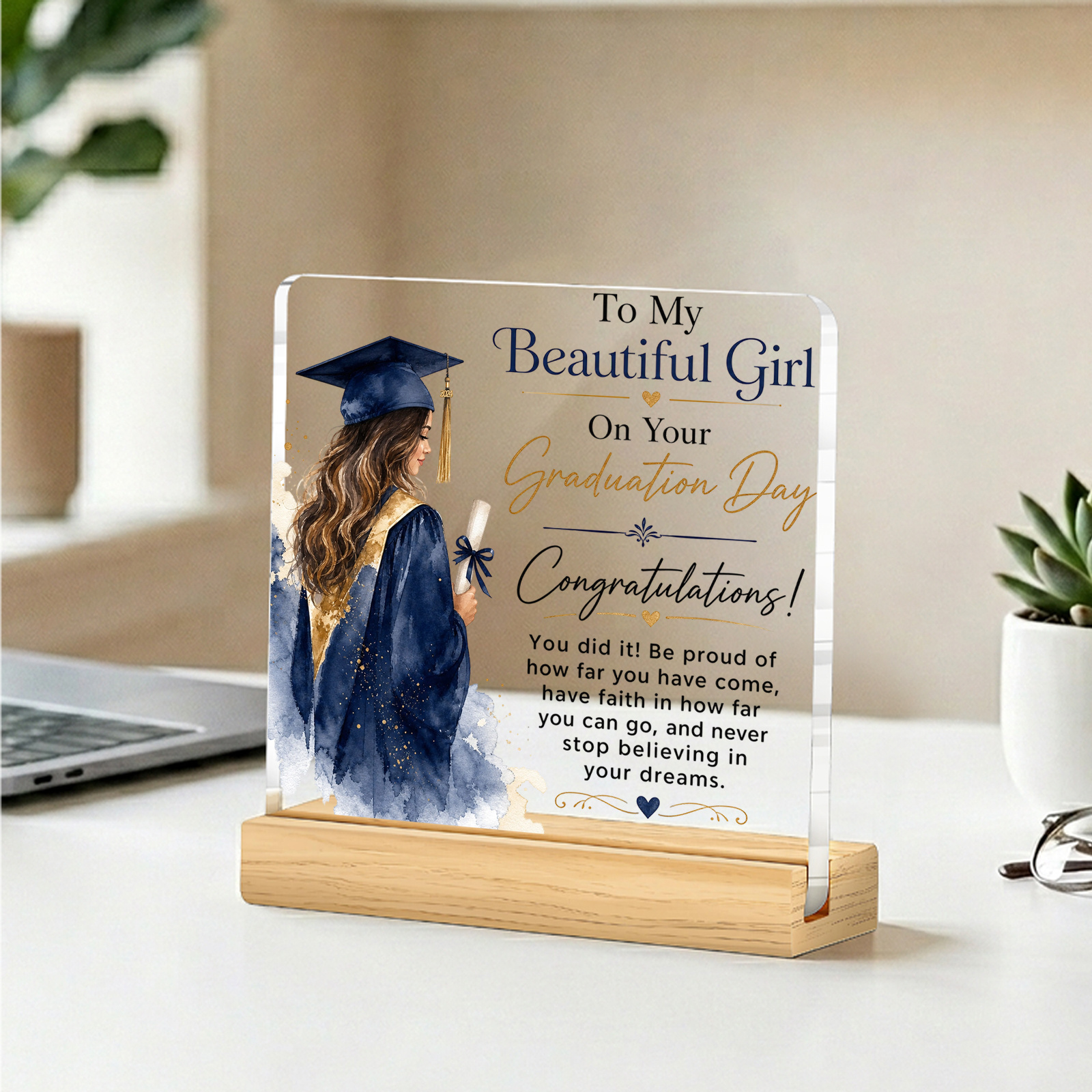TEMU 2d , 1pc Inspirational Graduation Acrylic Plaque With Wooden Base, Engraved With "to My , Graduation" Design, Graduation Gift For