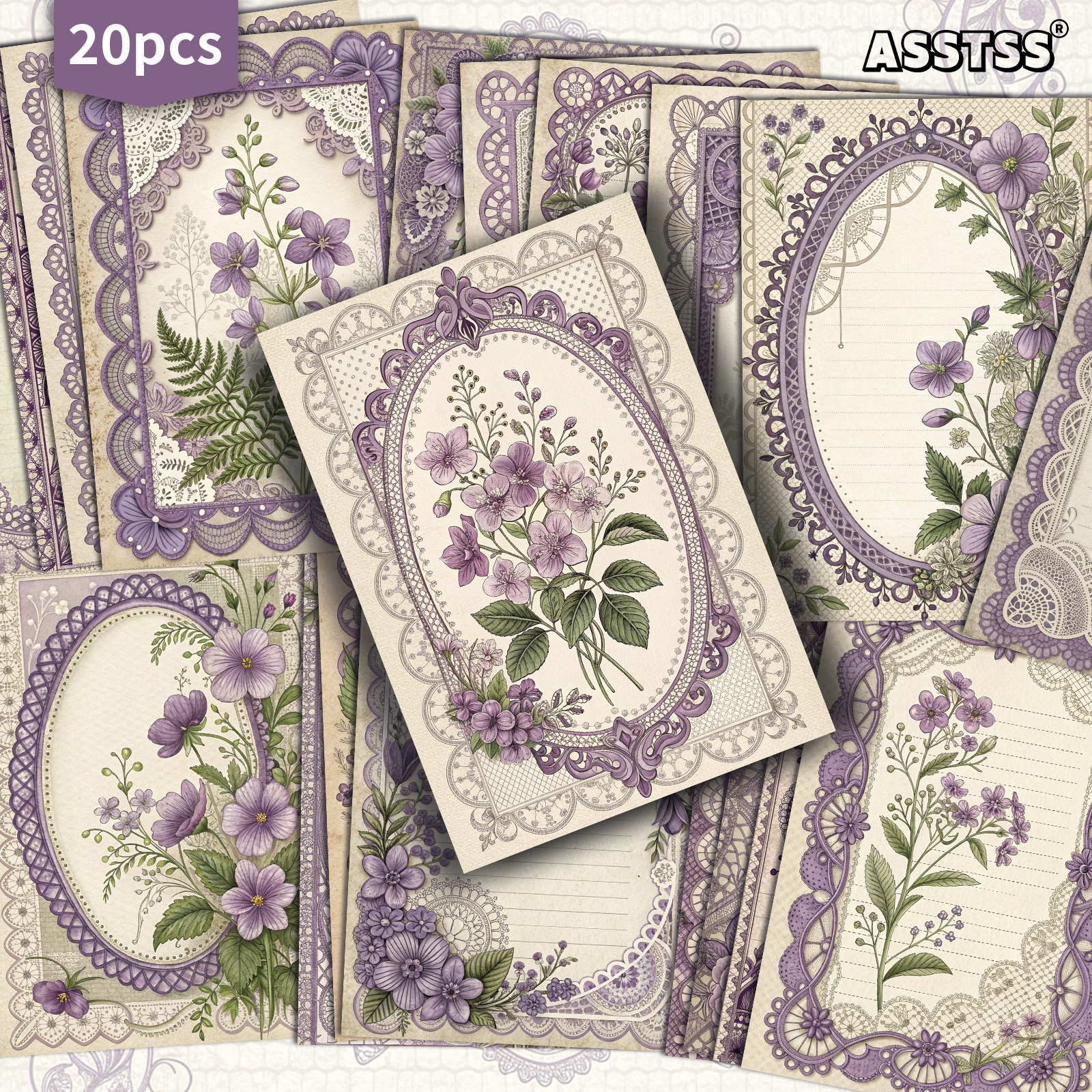 TEMU 20-pack Asstss Purple Lace Flowers Postcards - 4x6 Inches Junk Journal Supplies, Classic Pinup Illustrations Collectible Decorative Painting