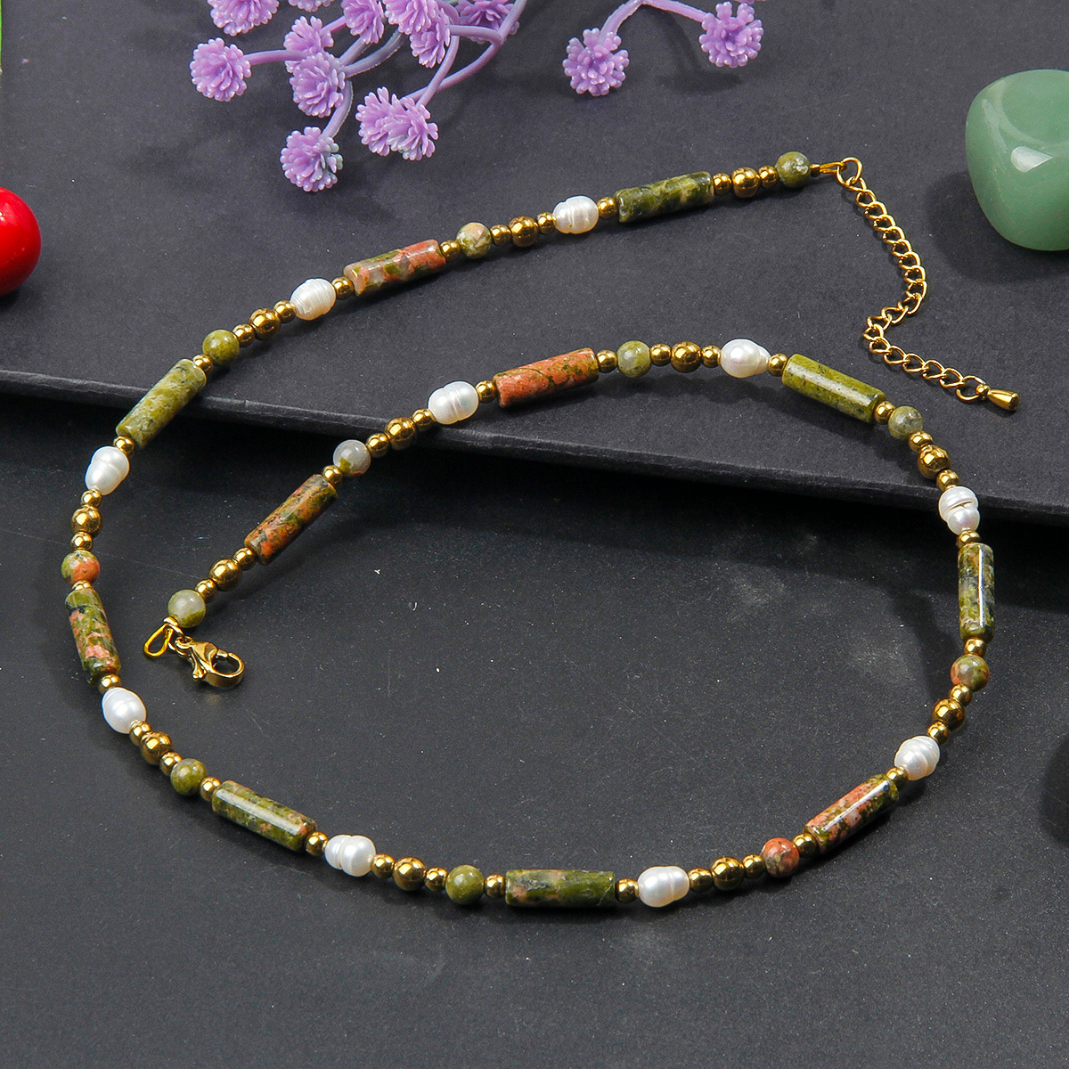 Women's Minimalist Cylinder Bead Necklace with Golden Accents