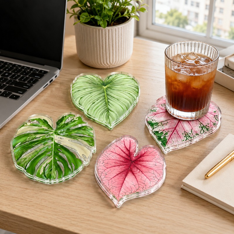 TEMU 2d Flat 4pcs Set Of Acrylic Green And Pink Tropical Plant Leaf Coasters, Heat-insulating Coaster Set, Protects From Hot Drinks, Cups, And Plate
