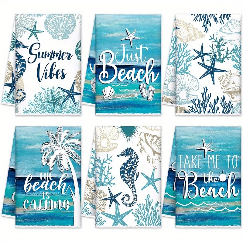 TEMU 6 pezzi, Asciugamani da spiaggia estivi in stile / Asciugamani da cucina, con tono principale blu-verde/, caratterizzati da elementi oceanici
