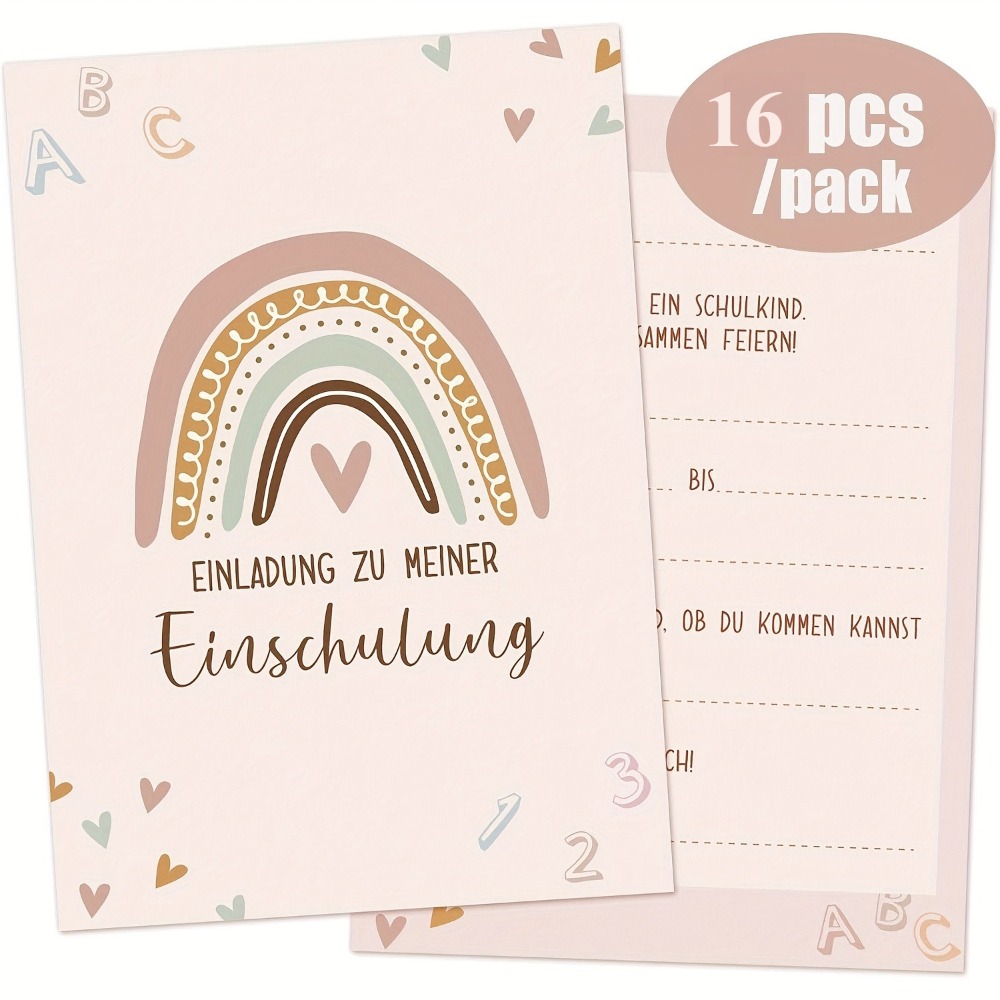 Set Of 16 School Invitation Cards - School Invitation Cards With Rainbow Pink Boho Pattern - School Invitations, School Parties Etc