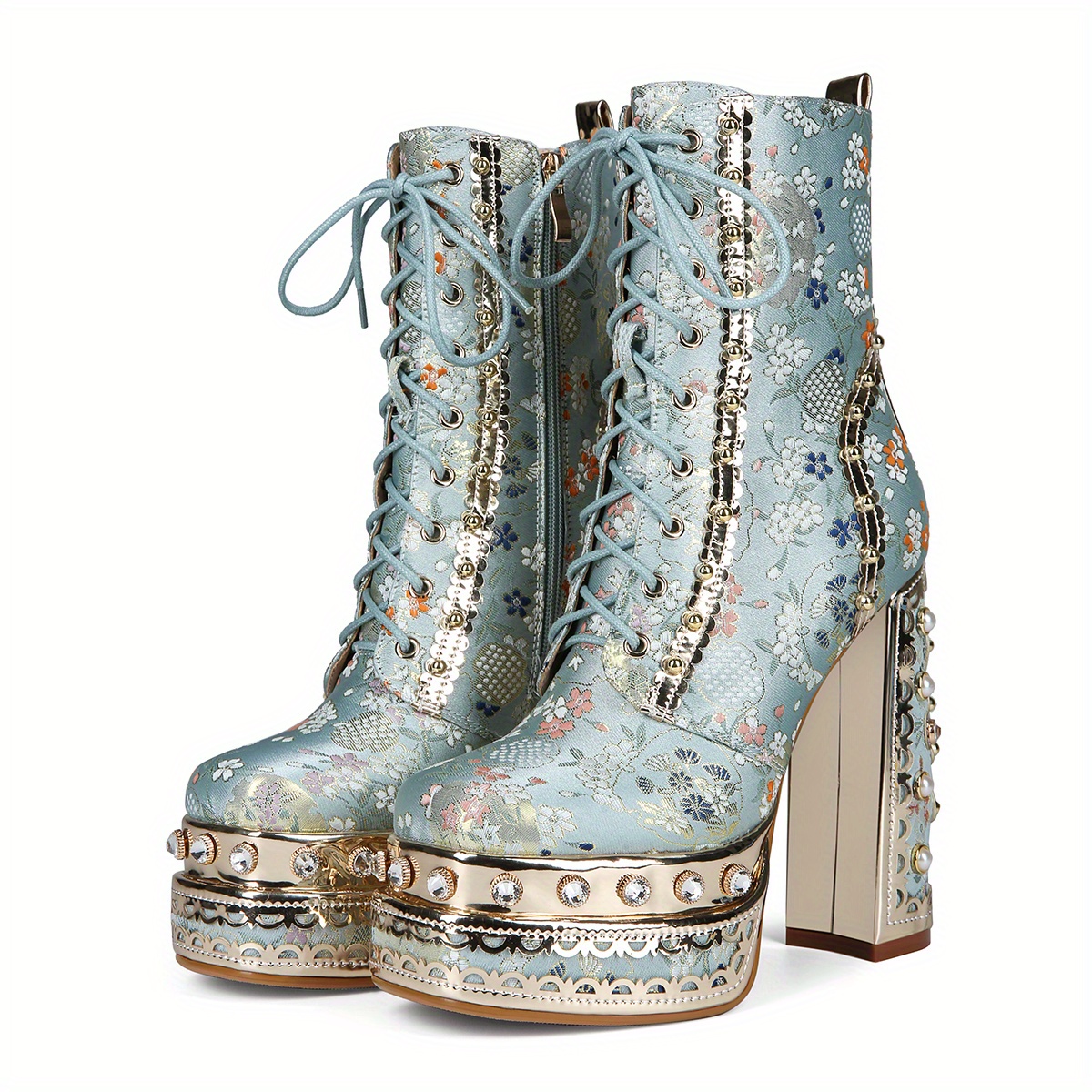 womens light green embellished short boots floral - Temu