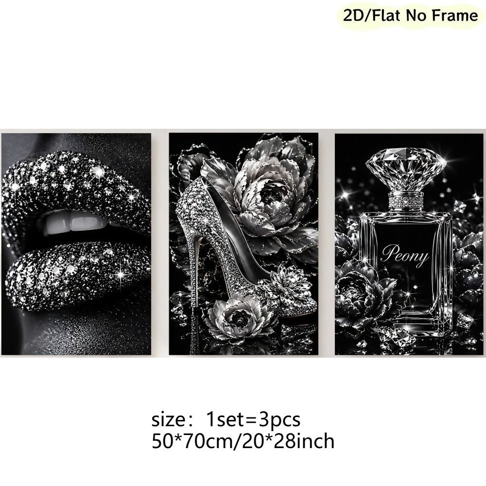 TEMU 2d Flat, 2d/flat, Frameless, 3pcs Canvas Poster Set With Jewelry Lip Makeup, High Heels, And Floral Perfume Bottle Themes. Suitable For Decor,
