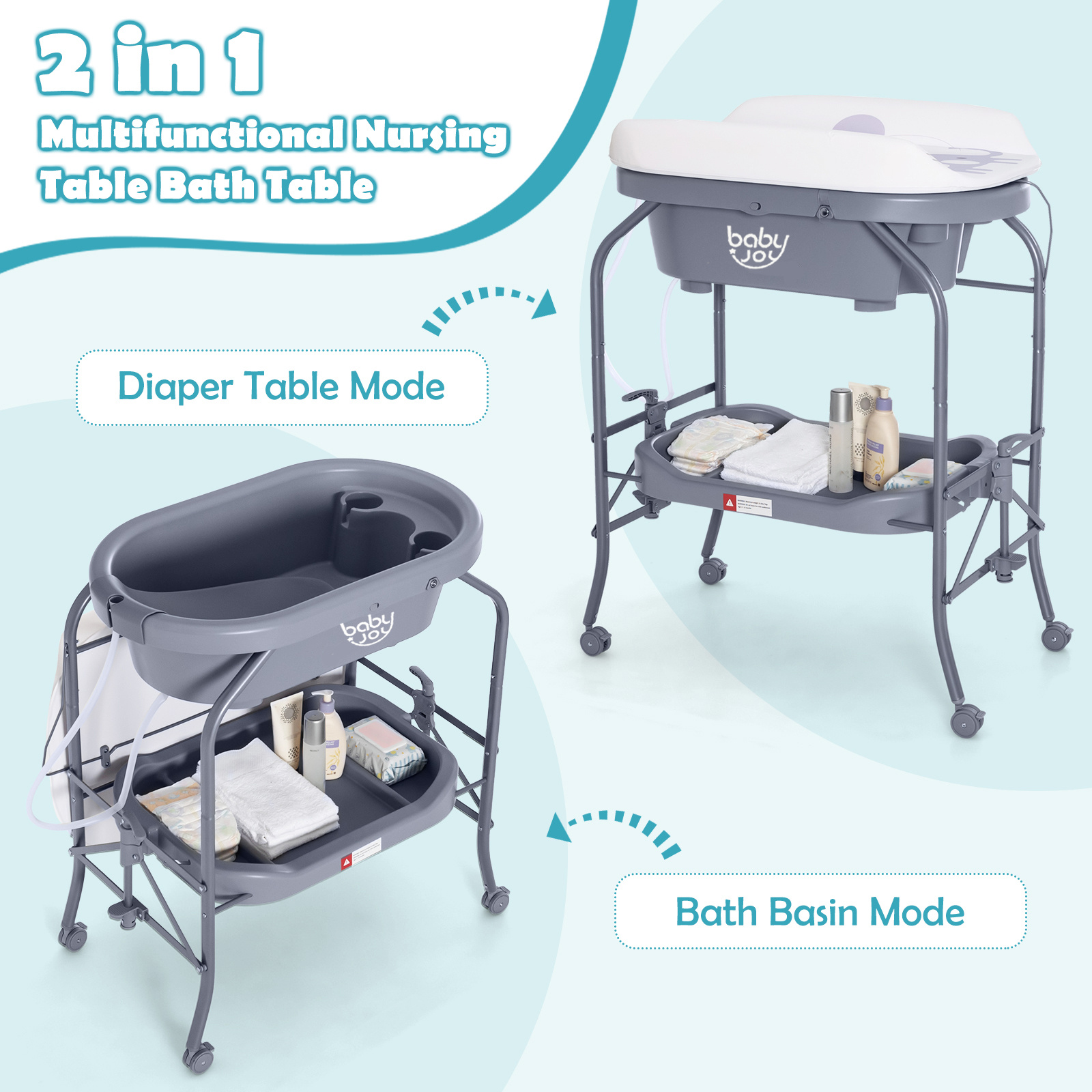 LIFEZEAL 2-in-1 Mobile Nursing Station & Bathtub Table with Lockable Wheels, Adjustable Height (49.53cm-80.01cm) - Heavy-Duty Metal Frame, Foldable Changing Table with Storage Basket, Non-Slip Surface, Safety Lock & Shower Holder - Space-Saving Design f
