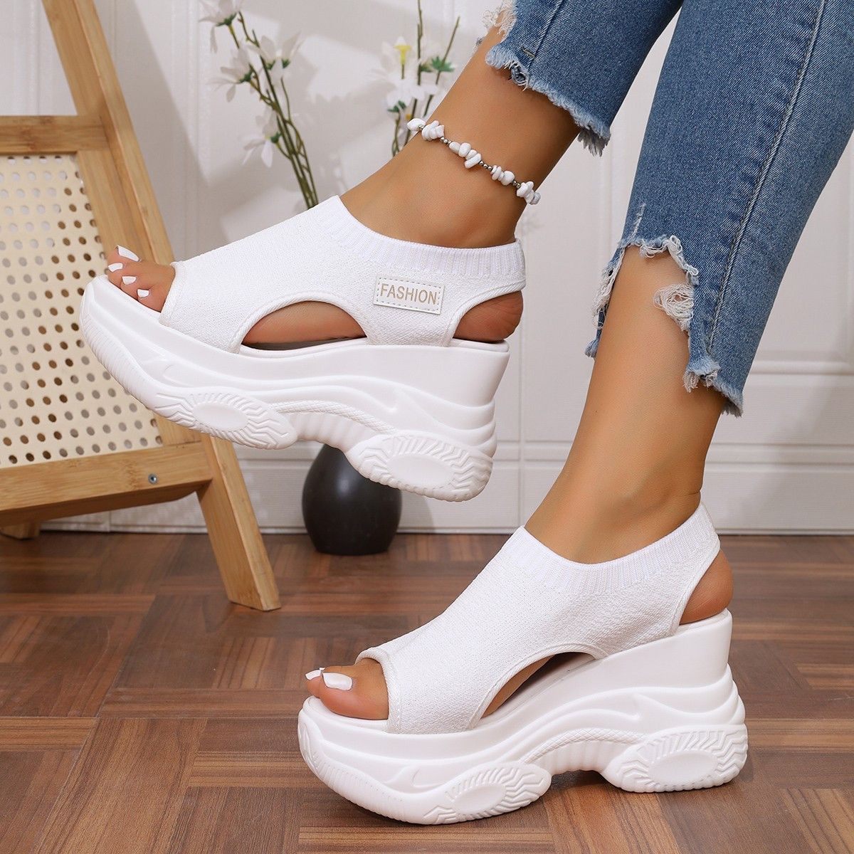 womens fashion high heels thick sole slip on sandals open toe fabric upper lining rubber sole elegant   for outdoor wear strappy sandals Product details 3