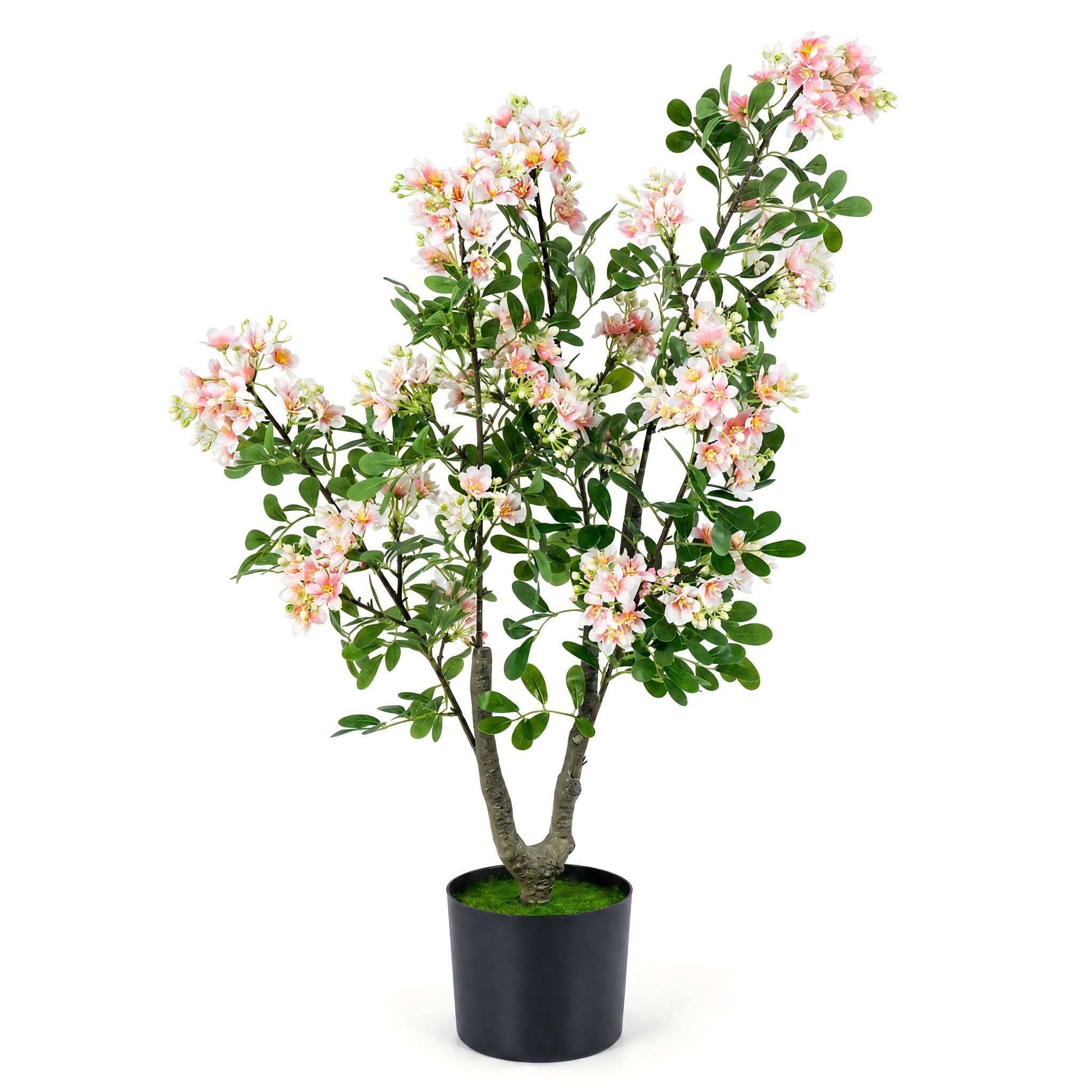 Image of 1 Pack 90cm Artificial Tree With Realistic Flowers & Mini Fruits - Faux Pink Suitable For /outdoor Decoration, Cement-filled Pot With Mini Grass, Low-maintenance Plastic Plant For Porch, Office