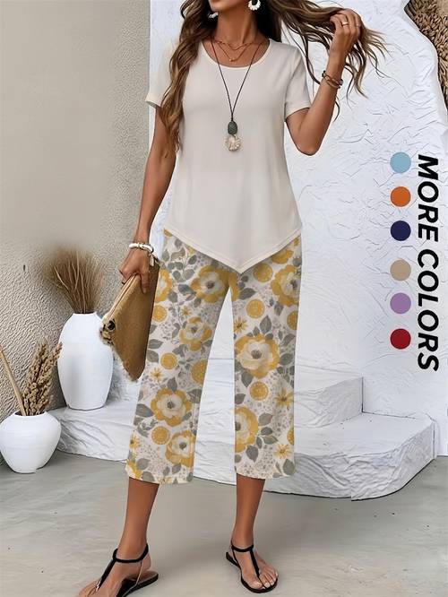 spring summer womens casual two piece set vintage botanical peony and daisy print with mustard accents on terrazzo background loose round neck top and wide leg pants for daily commuting and vacation