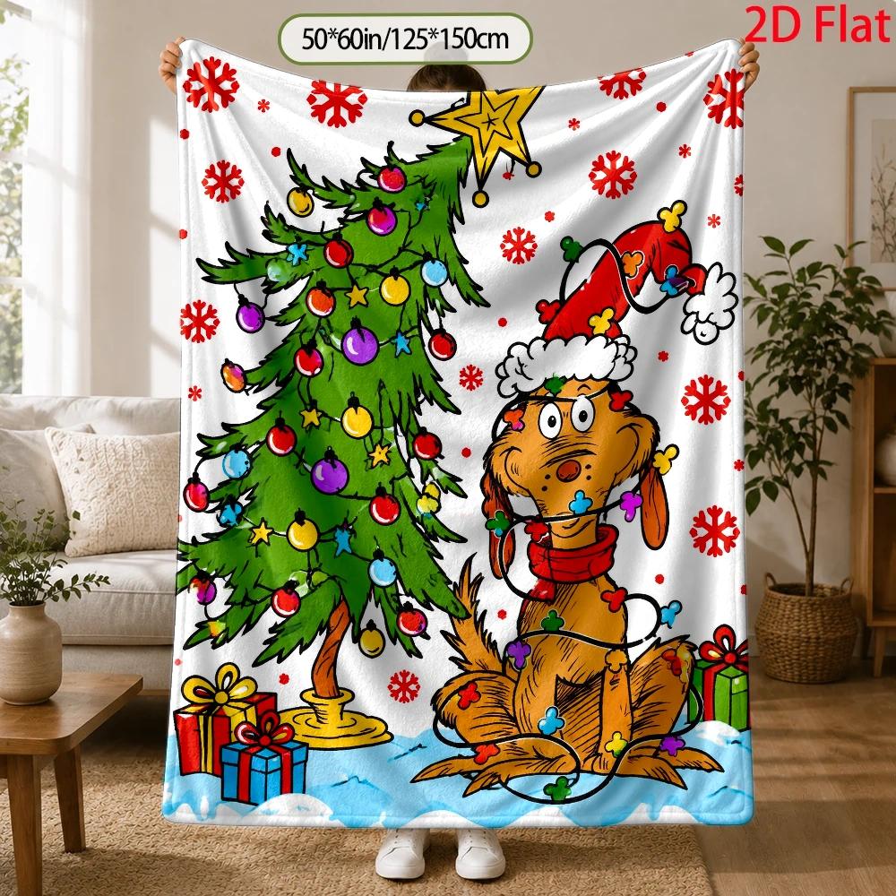 TEMU 2d Flat, 280gsm, Flannel Blanket With Christmas Tree And Festive Ornament Pattern, Flannel Fleece Blanket With Whimsical In Santa Hat