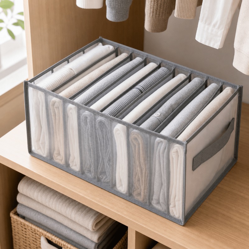 TEMU 1pc 9-compartment Drawer Divider Storage Box, Gray With Handle Underwear And Clothing Organizer, Foldable Wardrobe Storage Compartment Box,