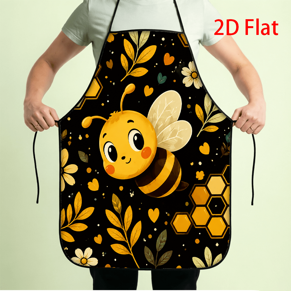 TEMU 1pc 2d Flat Printed Black Apron Cartoon With Honeycomb Yellow Leaves Flowers Hearts Cute Kitchen Cooking Baking Gardening Gift For Women Men, 2d