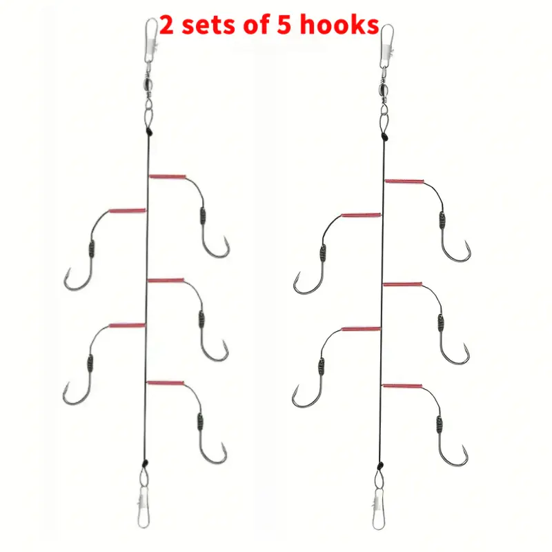 2 Sets with 5 Hooks Snelled * Fishing Line- Strong Pull, Plastic Tubing- * Prevents Line * Hook Tip Is Sharp, Easy to Slip Hook Loose, Bidirectional * Suitable for Sea and Freshwater Fishing. 2 Sets with 5 Hooks Snelled * Fishing Line- Strong Pull, Plastic Tubing- * Prevents Line * Hook Tip Is Sharp, Easy to Slip Hook Loose, Bidirectional * Suitable for Sea and Freshwater Fishing.