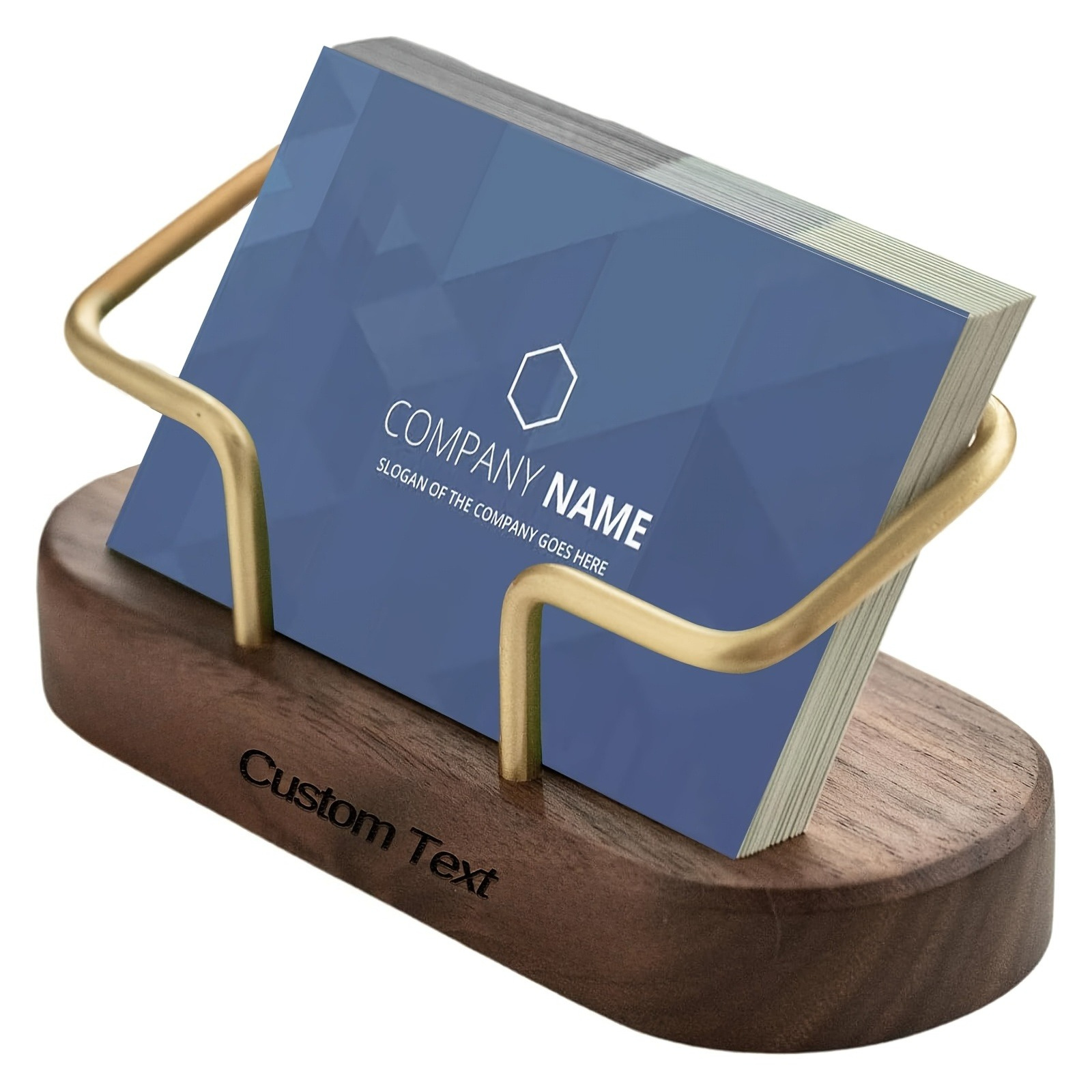 Personalized Business Card Holder - Custom Engraved Name & Company, Elegant Desk Organizer with Golden brackets, Recycled Wood Construction - Office, Wedding, Anniversary, Birthday Gift for Professionals, Corporate Presentations - Custom Text Personalization, Business Card Holder for Desk, Dark Finish Base