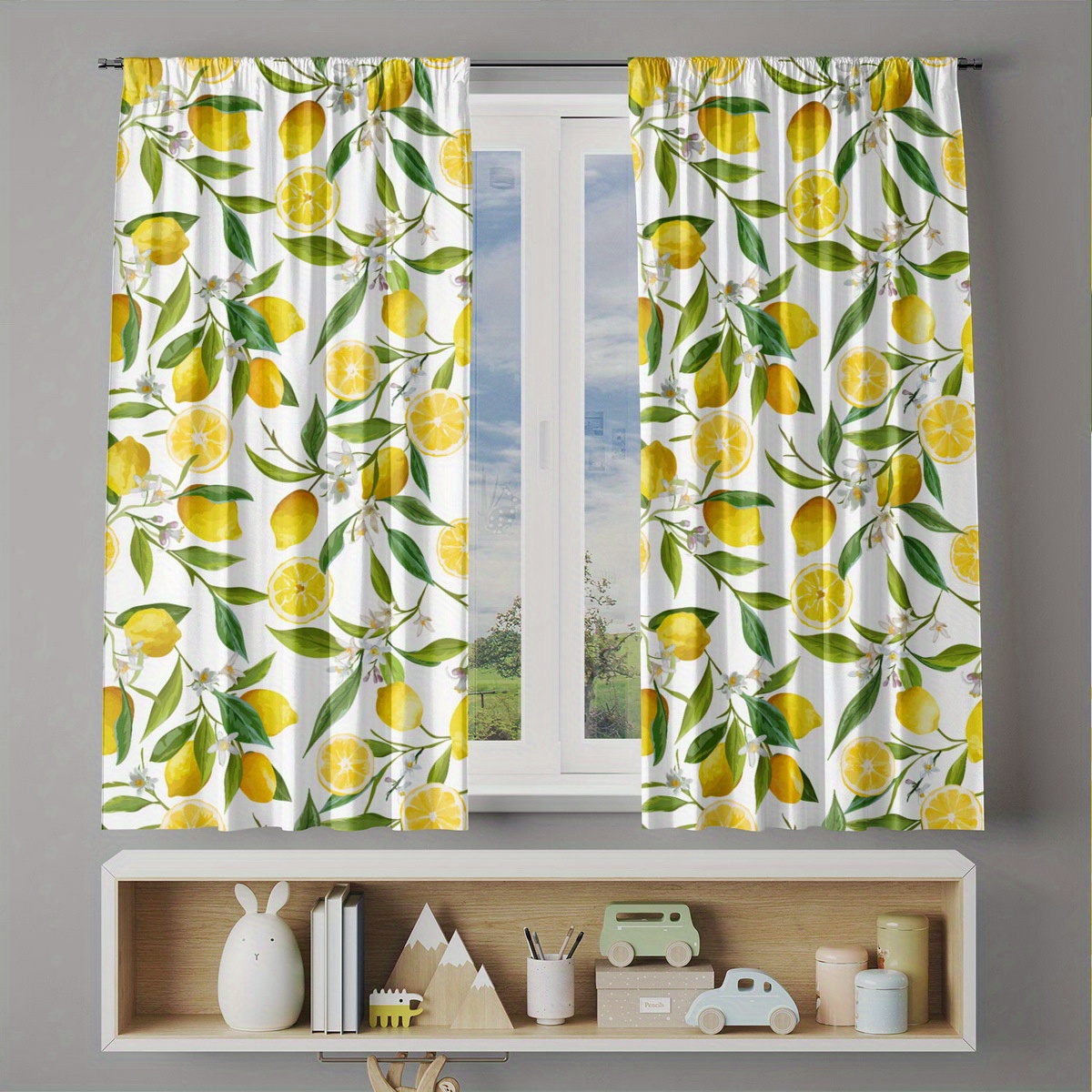 TEMU 2pcs Set Of Bright Lemon And Floral Pattern Curtains, Designed For Heat Insulation And Light Blocking, Suitable For Bedrooms, Kitchens, And