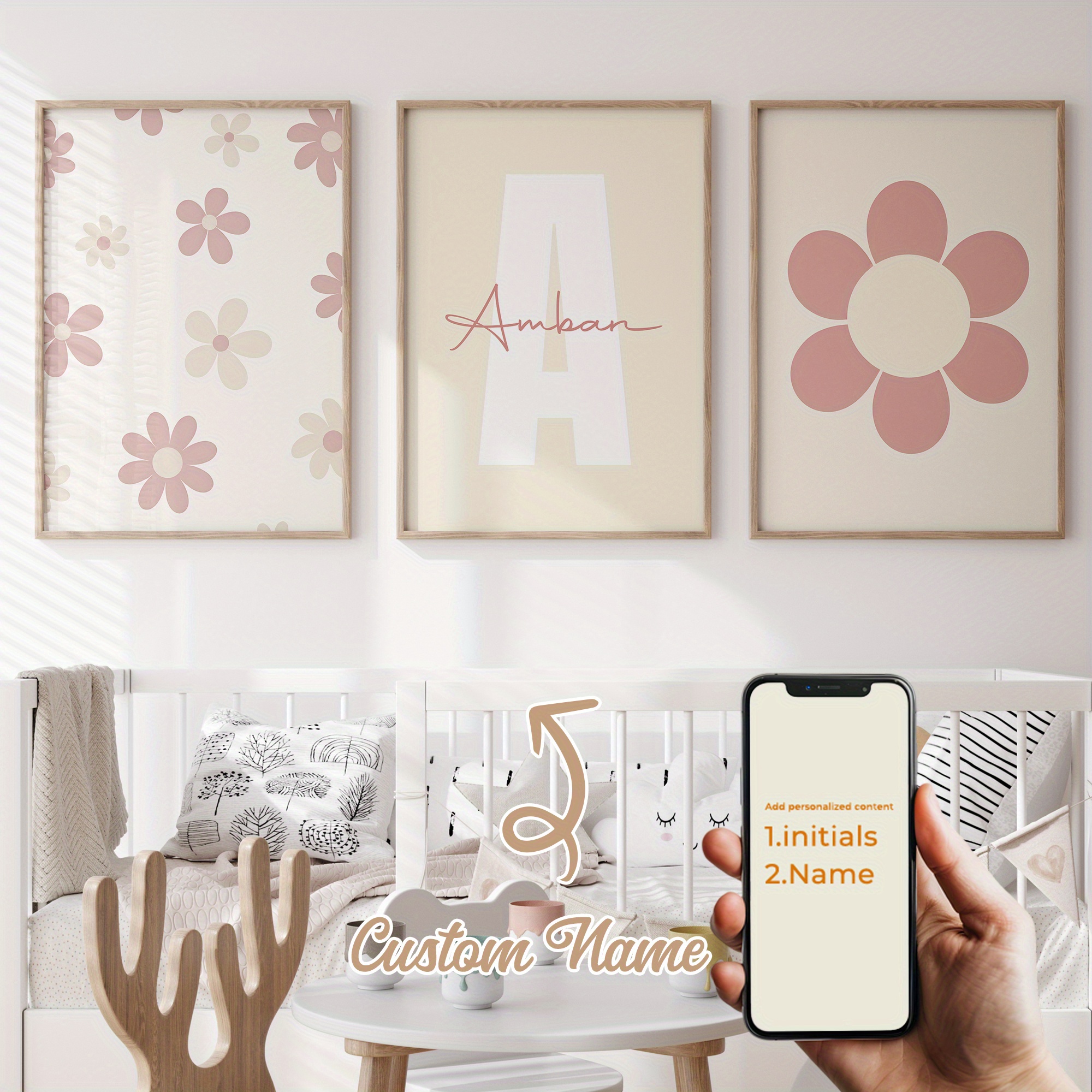 E-shop 2D-Flach, 3-teiliges Set Personalisiertes Chrysanthemen-Namens-Leinwandposter-Wandkunst, Chrysanthemen-Druck, Leinwand-Wandkunst, individuelle