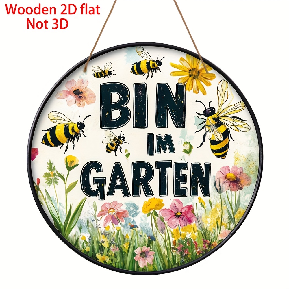 TEMU 2d Flat, 1pc German Vintage "i' The Garden" Wooden Door Hanger - Round Bee & Wall Decor Suitable For Garden Parties, Sign, Artificial Hanging