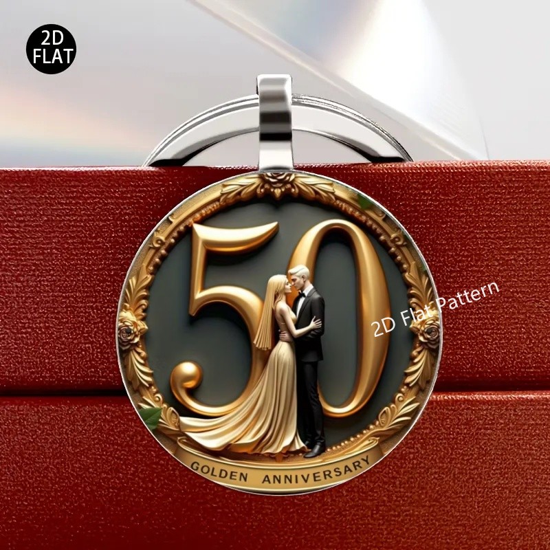 TEMU A Romantic Celebration For A : A 50th Anniversary Keychain Featuring A Golden Hug And A Love-themed 2d Design Made Of Alloy. This Keychain,
