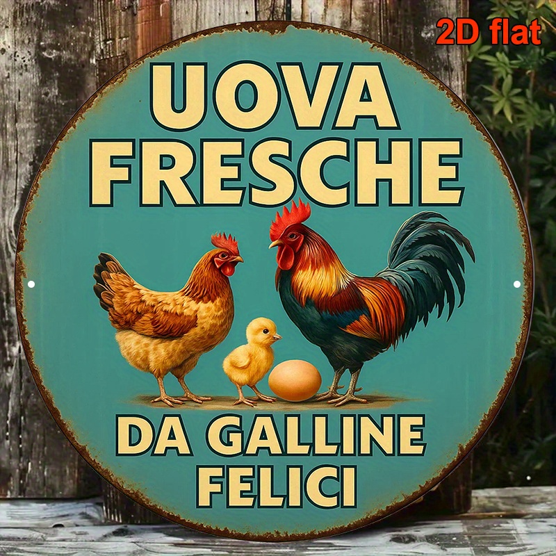 TEMU Targa Piatta 2D, Targa Piatta 2D - Questa 癡 una Targa Piatta 2D in Legno con Design Vintage Colonica Italiana con Motivi di un , e Uova . � un