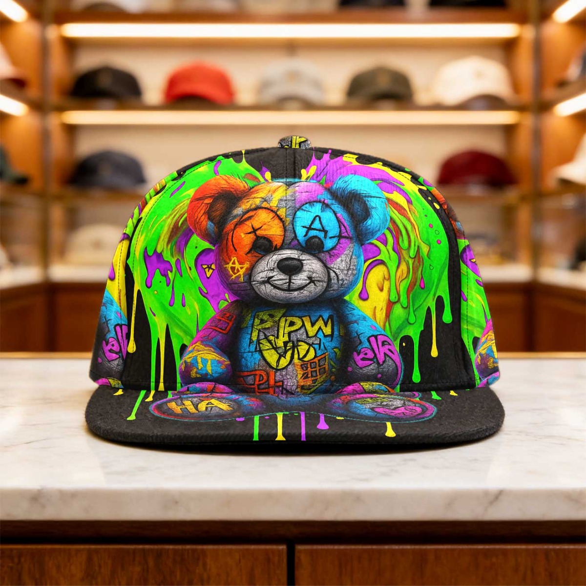 TEMU 1 stuk verstelbare eendenbekpet met graffiti teddy drip art - lichtgewicht snapback-pet, 5-panelen streetwear-ontwerp, ronde bovenkant platte